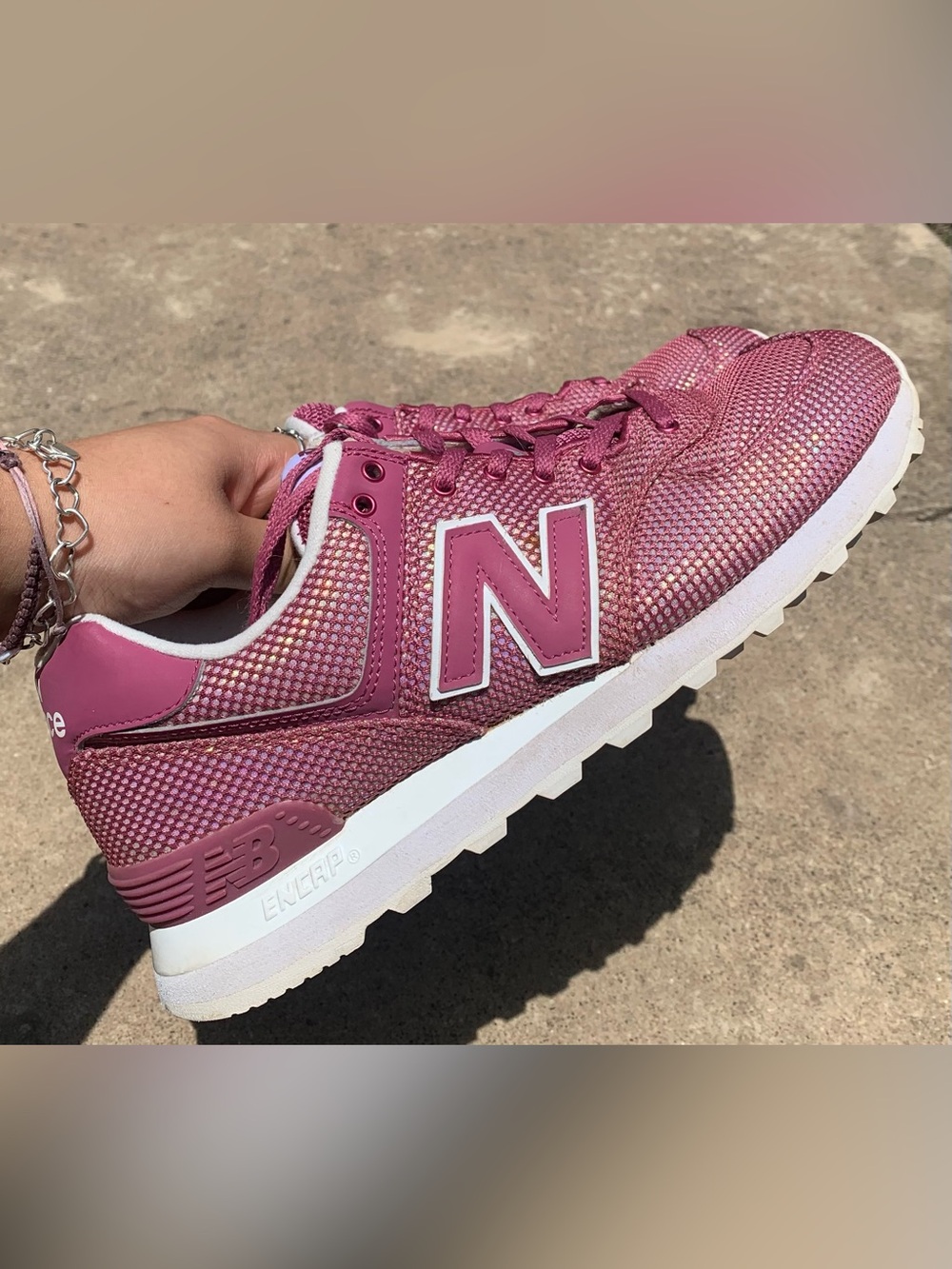 New Balance 574  Pink Glitter Mesh Sneaker